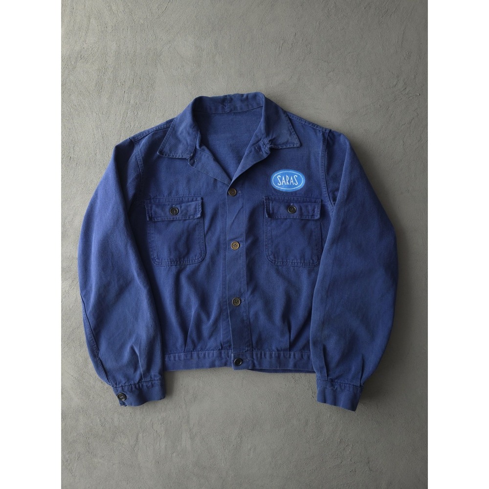 Vintage 1960s Saras S.p.A. Italian Cyclist Chore Jacket Euro Workwear Blue S/M